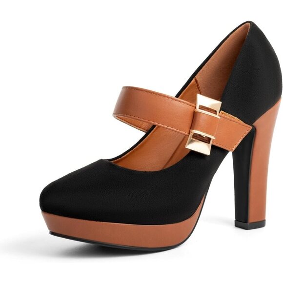🆕 Black Mary Jane Platform Heels Chunky Closed Toe Strap Pumps Work Party Shoe - Picture 1 of 7